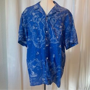 Banana Republic Men’s Blue Map Print Shirt, linen and cotton